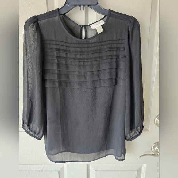 Loft Ann Taylor Sheer Blouse XS Black 3/4 Sleeves See Thru Pleated Front Y2k - Picture 2 of 12